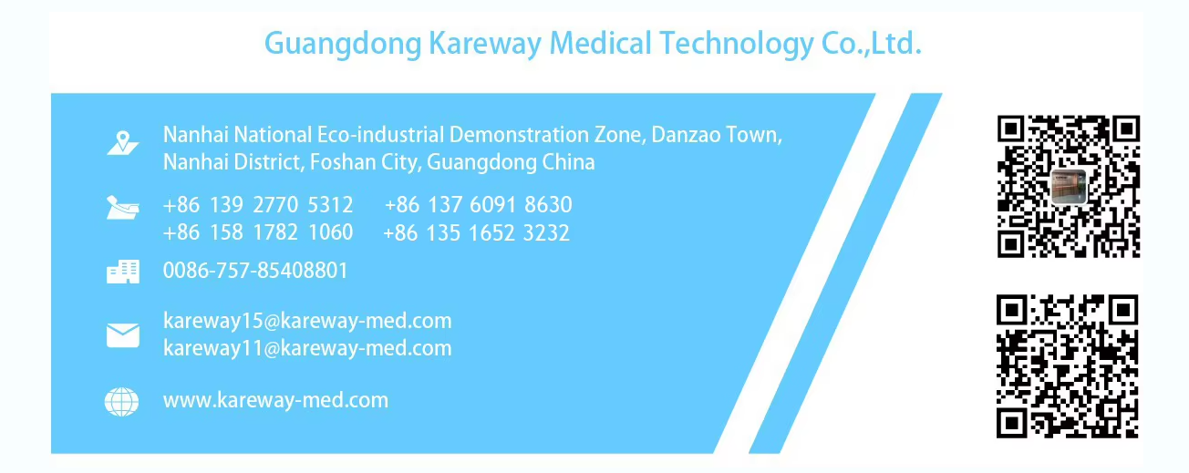 KAREWAY contact card with company address, telephone numbers, email addresses, website and QR codes